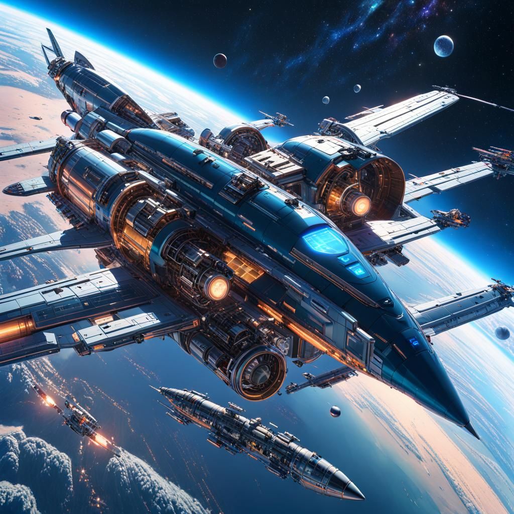 Spaceships Launching from Earth Orbit in Panoramic View