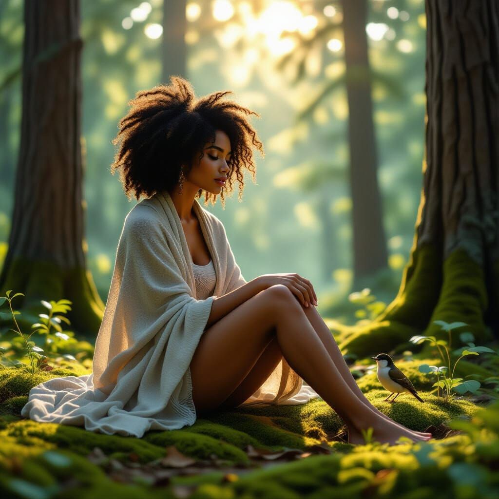 Woman in Forest Clearing in Hyperrealistic Style