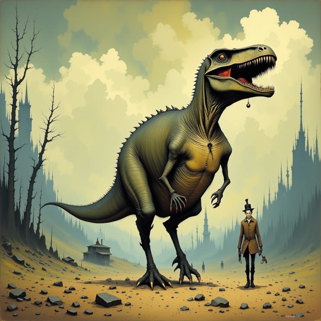 Man Walking Dinosaur with Whimsical Style