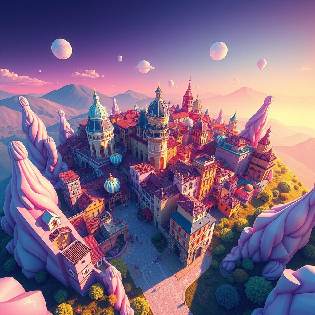 Psychedelic Italian Townscape in Whimsical Candy Art Style