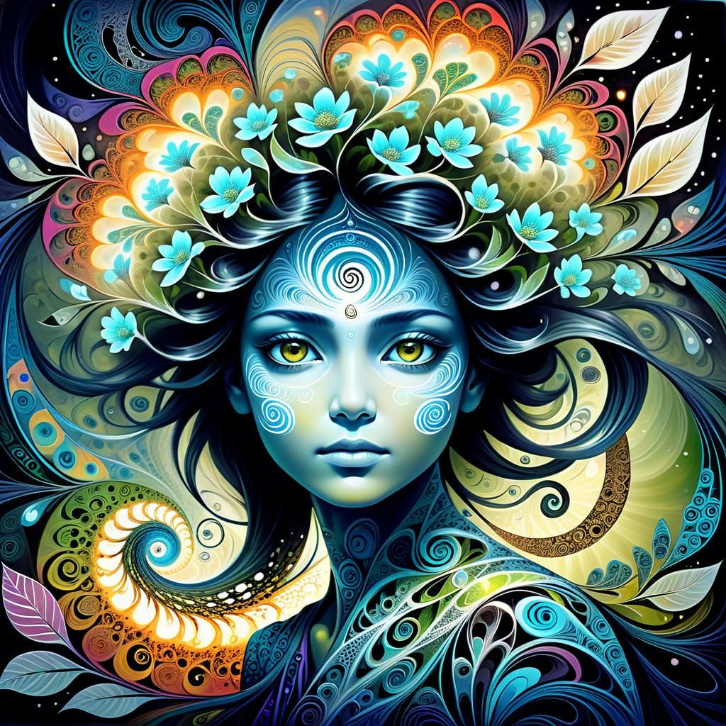 Surreal Blossom Face Emerges in Zentangle Wind