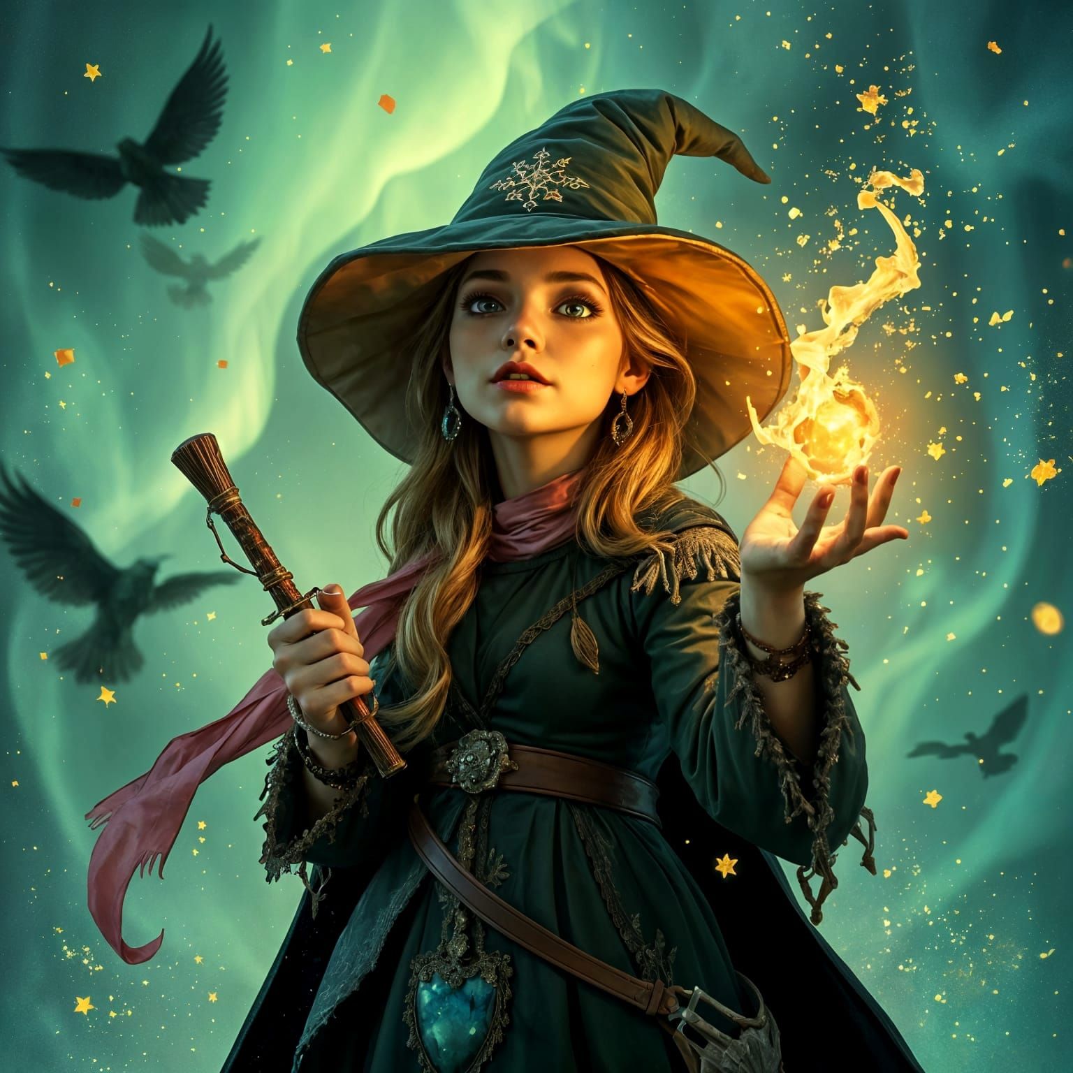 Enchanting Sorceress Weaving Spells in Dreamlike Starlight