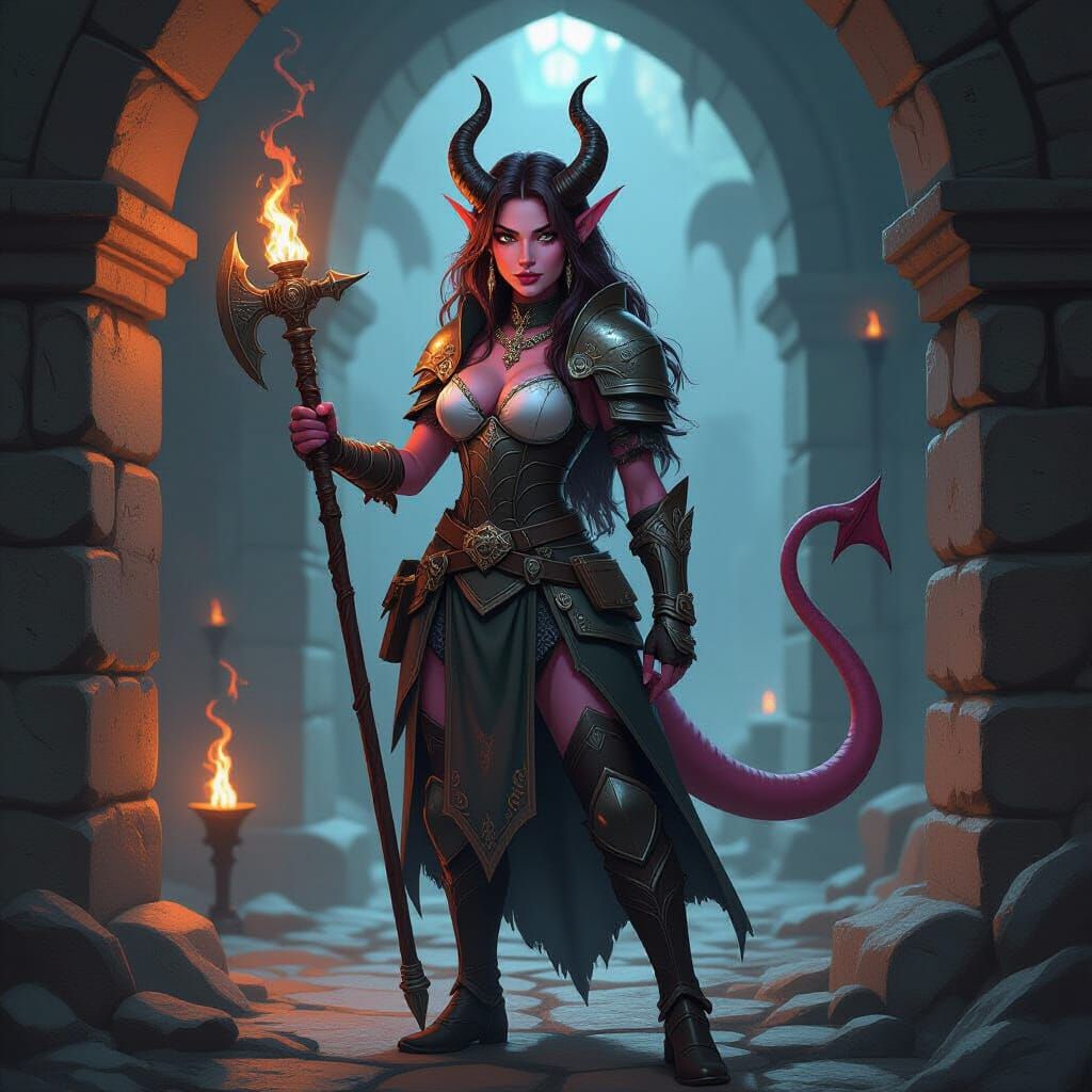 Pink Tiefling Cleric with Demon Tail in Dungeon