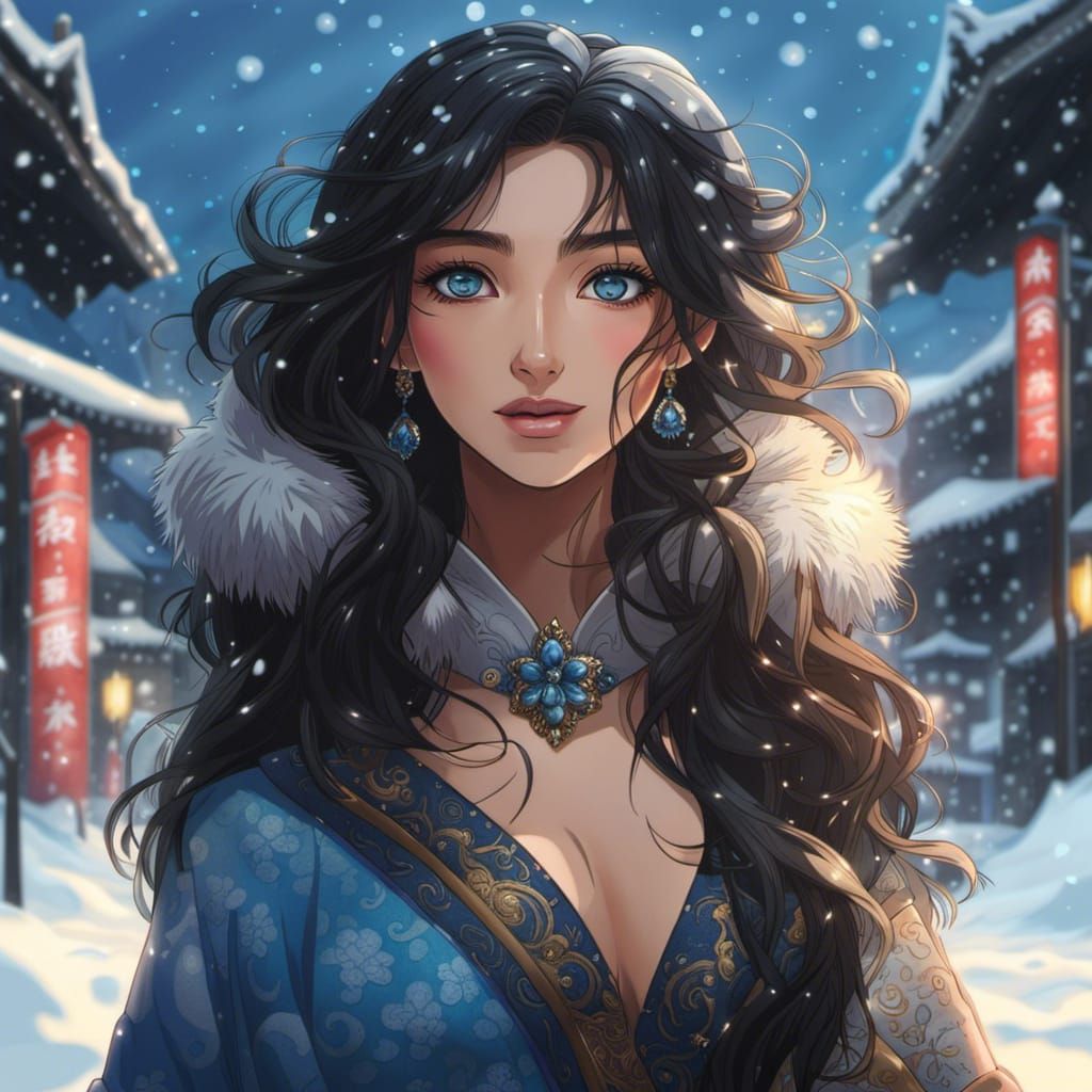Exotic Girl Portrait in Anime Style, Snowy Tokyo