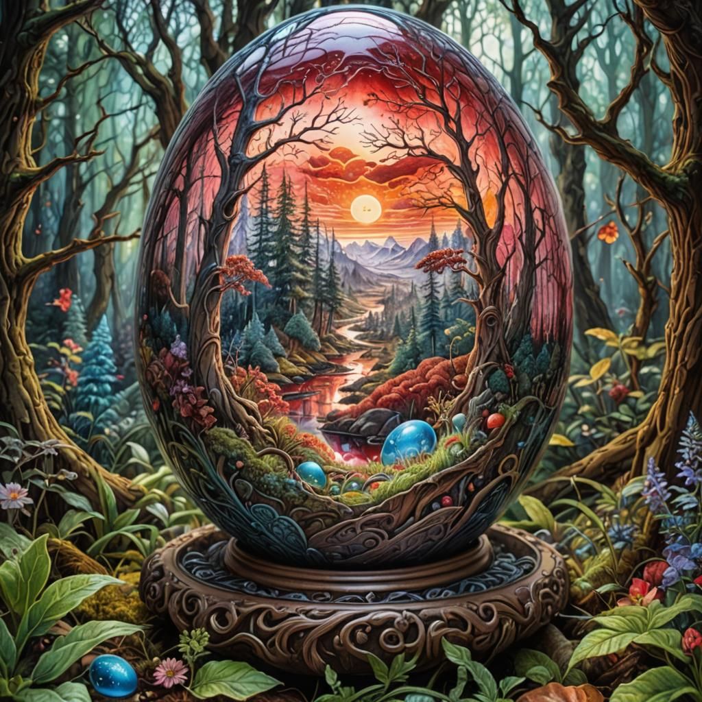 Glass Fantasy Egg Red Sky Forest Landscape (Dreamshaper XL L...