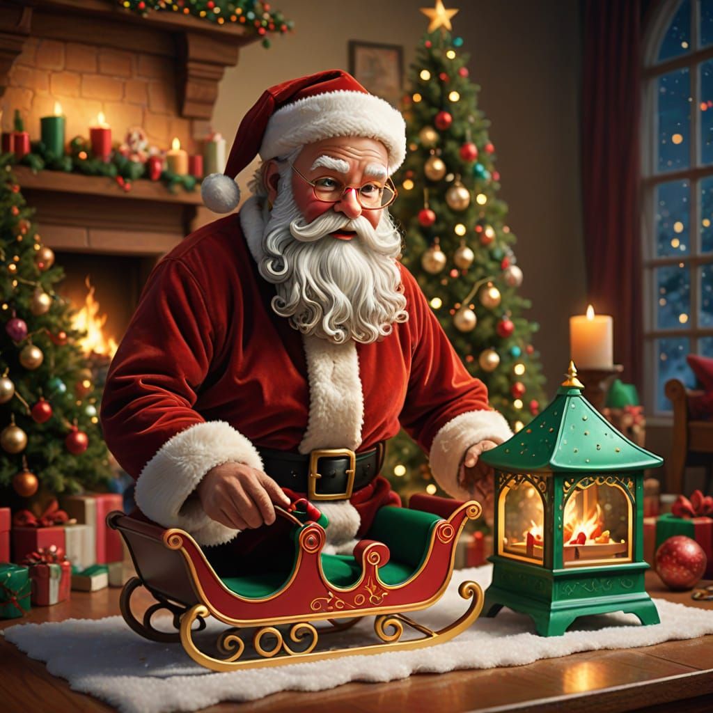 Santa Claus Plays with Toy Sleigh in Festive Room