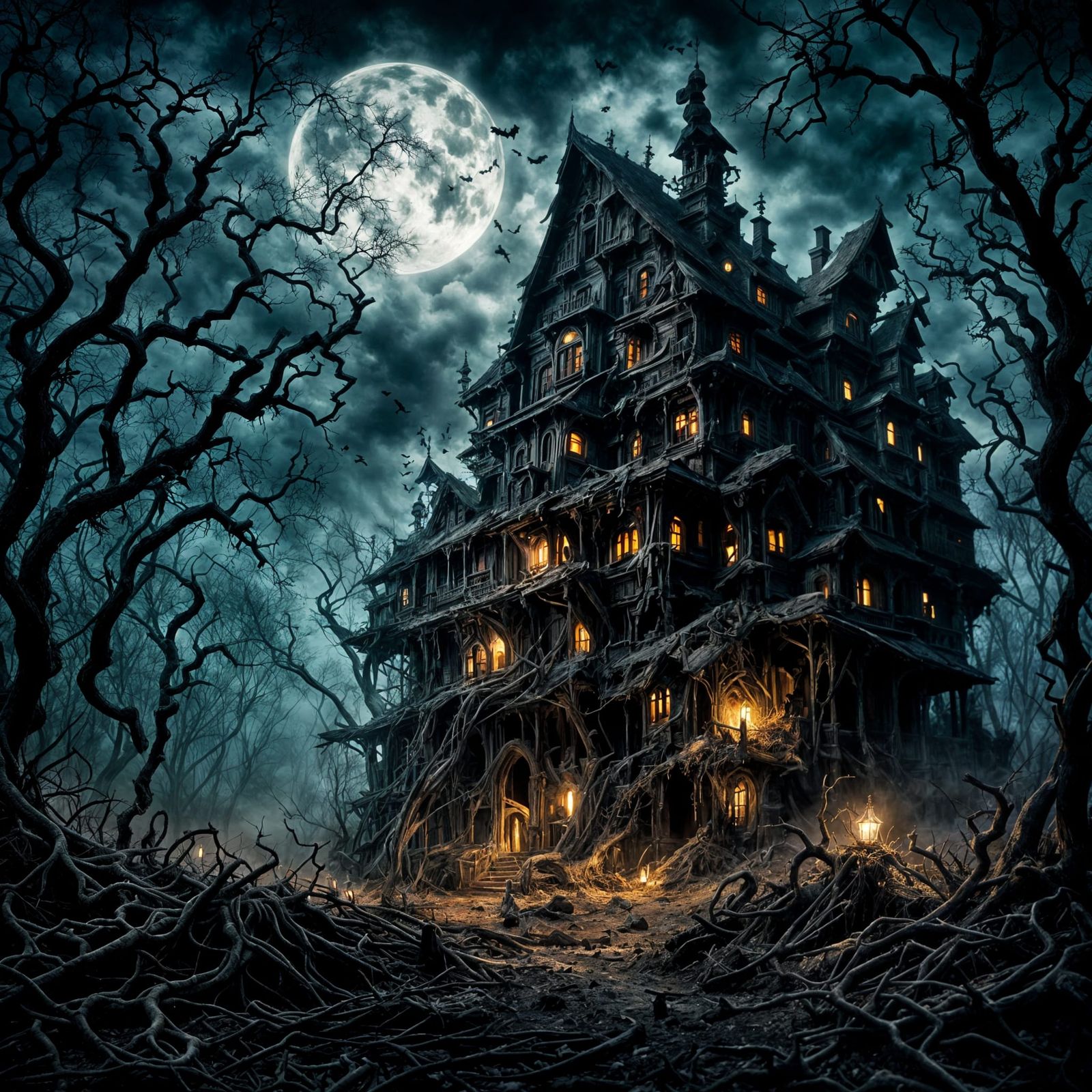 Spooky Haunted House with Gargoyles and Wood Carvings