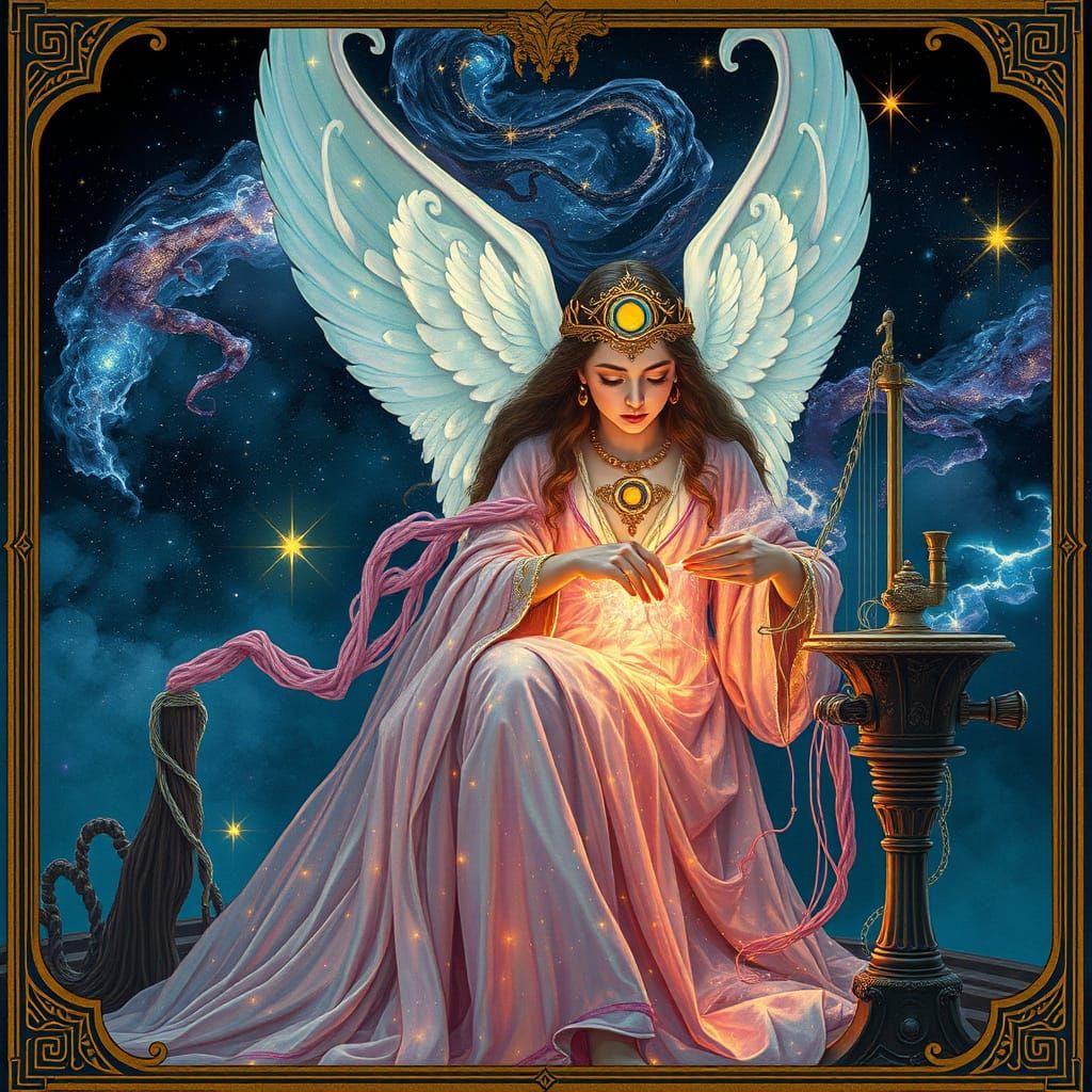 Celestial Seamstress Crafting Nebula Fabrics: Art Nouveau El...