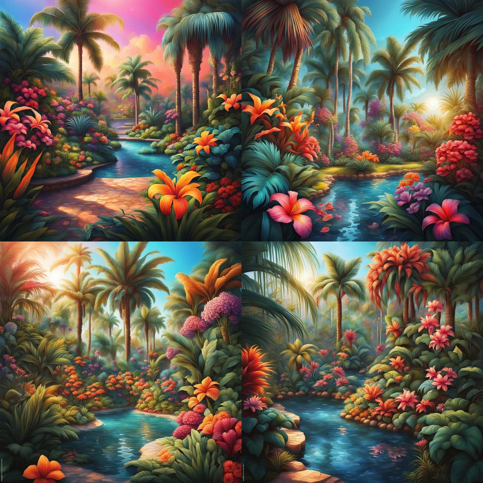 Hyperrealistic Tropical Garden with Colorful Splash Art