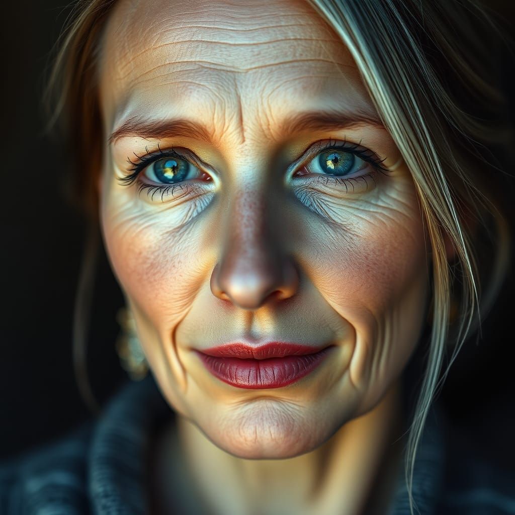 Portrait shot, a stunning, beautiful russian woman with flawless porcelain skin. The left half of her face is youthful a...