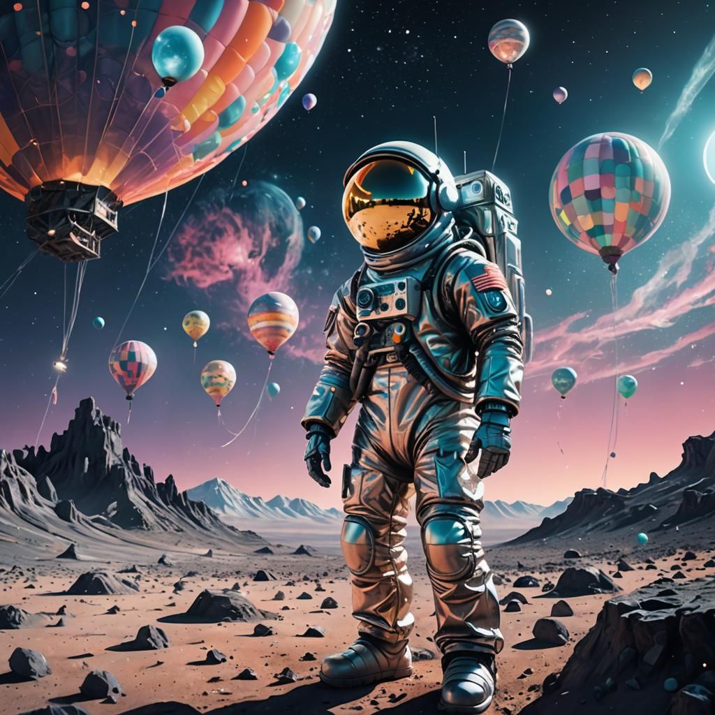 Balloon headed man sets up moonbase