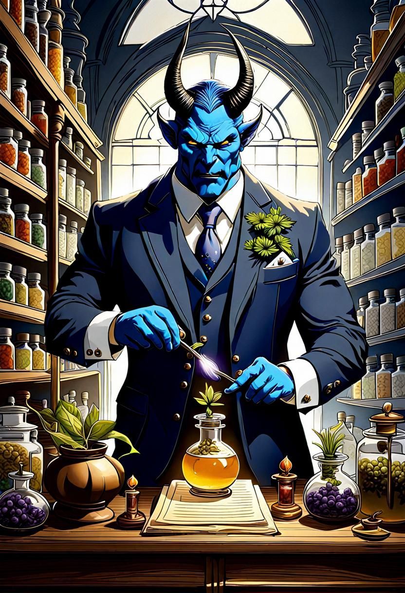 Eerie Demon Apothecary in Film Noir Style