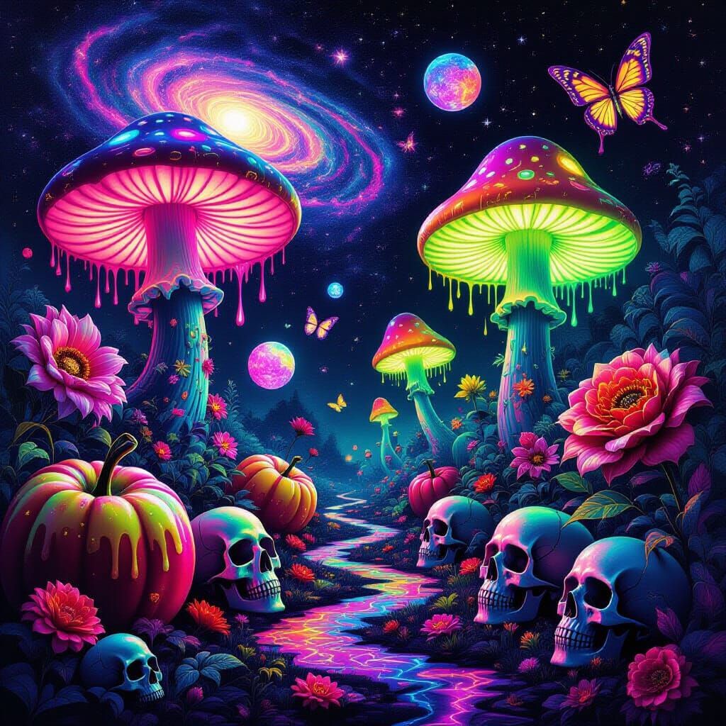 Psychedelic Horror Dreamscape with Cosmic Garden and Glowing...