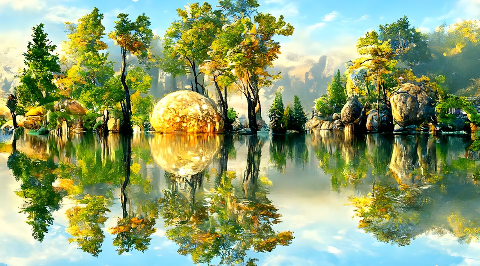 Fantasy Sunset Over Serene Lake in Oil Painting Style