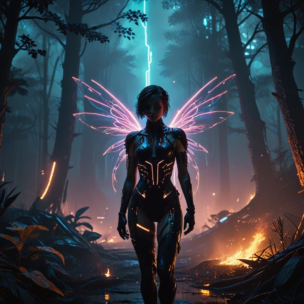 Cyberpunk Fairy in Charred Forest, Neon Noir