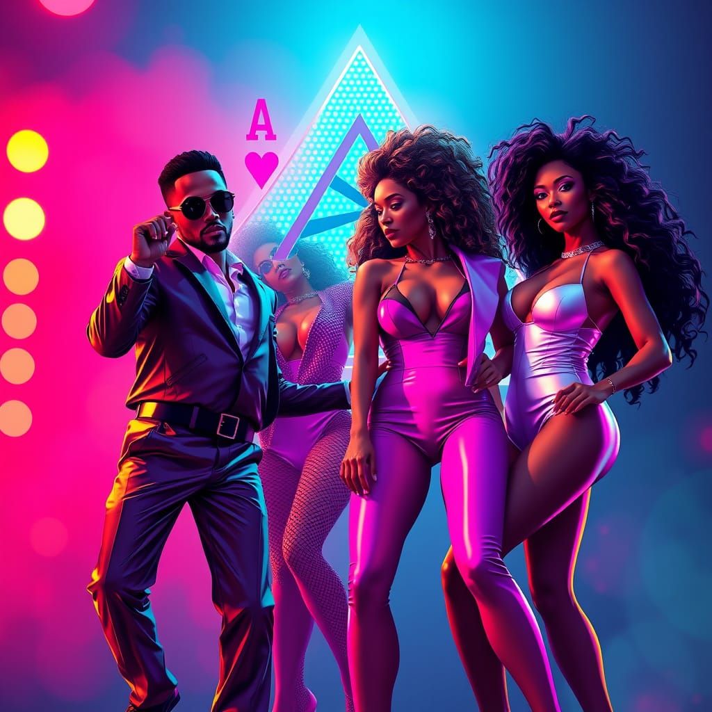 MALE AND FEMALE RNB SINGERS DANCING WITH AN ACE OF SPADE LOGO AS A DISCO LIGHT