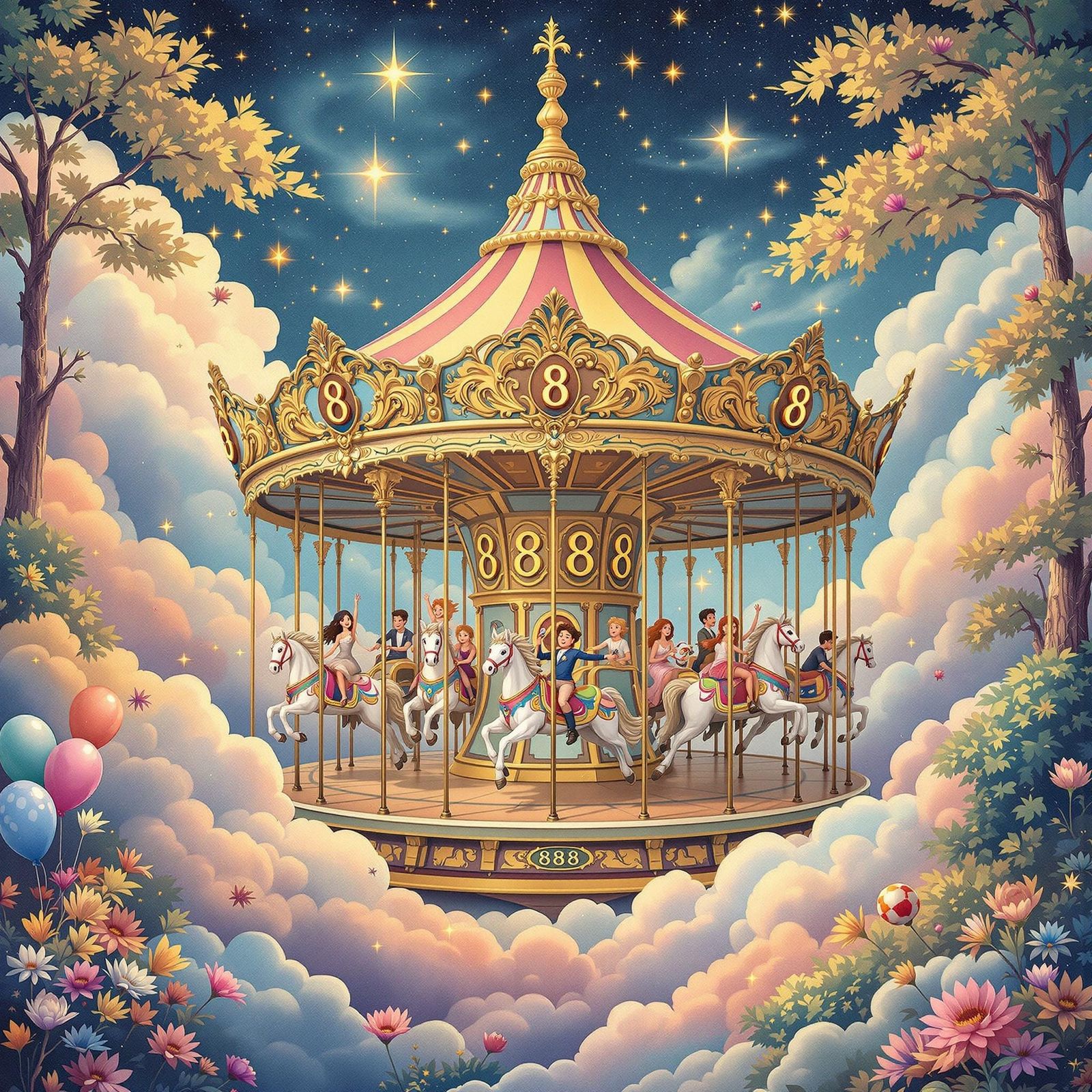 Whimsical Dreamcore Carousel Scene with Majestic Horses and ...