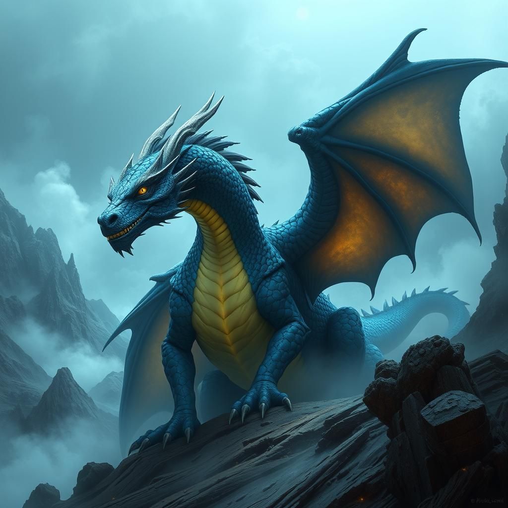 Blue Dragon in Mystical Landscape, Digital Art