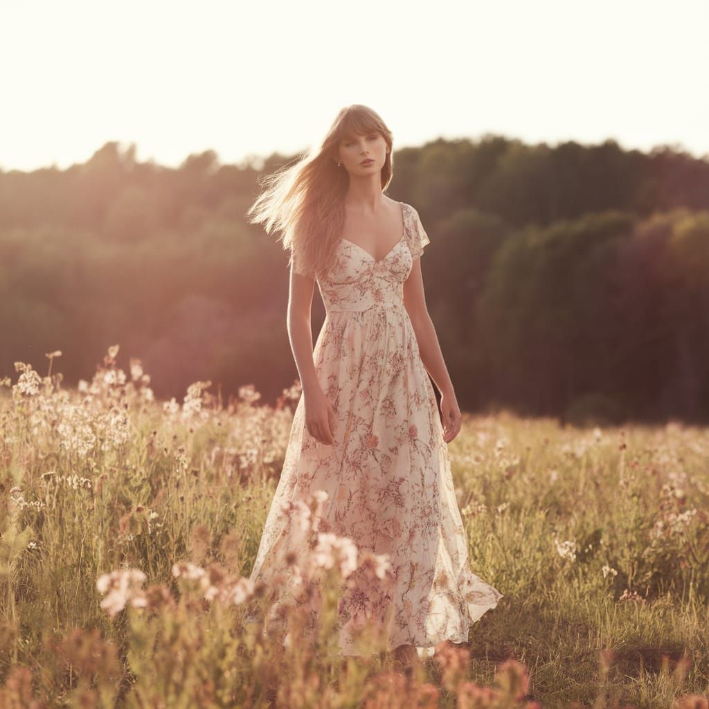 Taylor Swift in a Serene Sunlit Meadow Scene