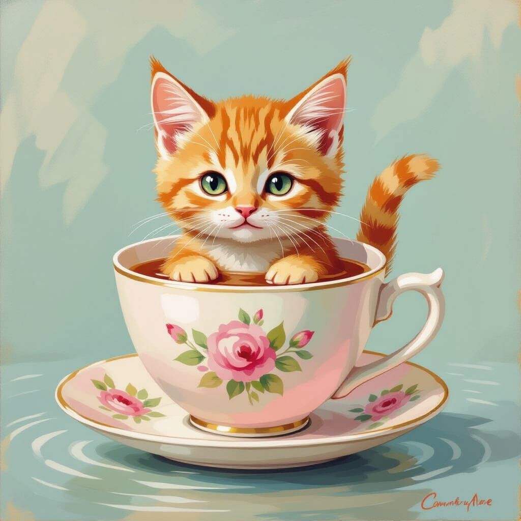 Ginger Cat Bathtime in Teacup, Impasto Watercolour