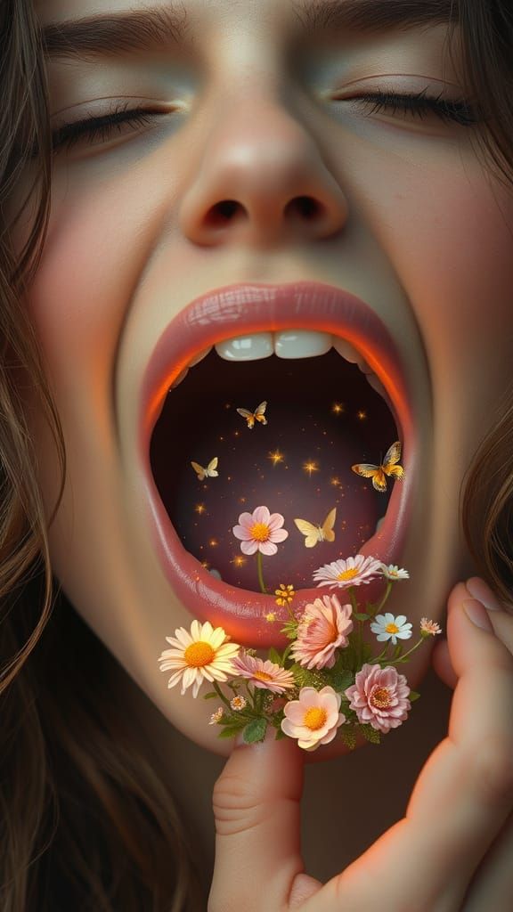 Dreamy Woman Yawning Reveals Miniature Garden World