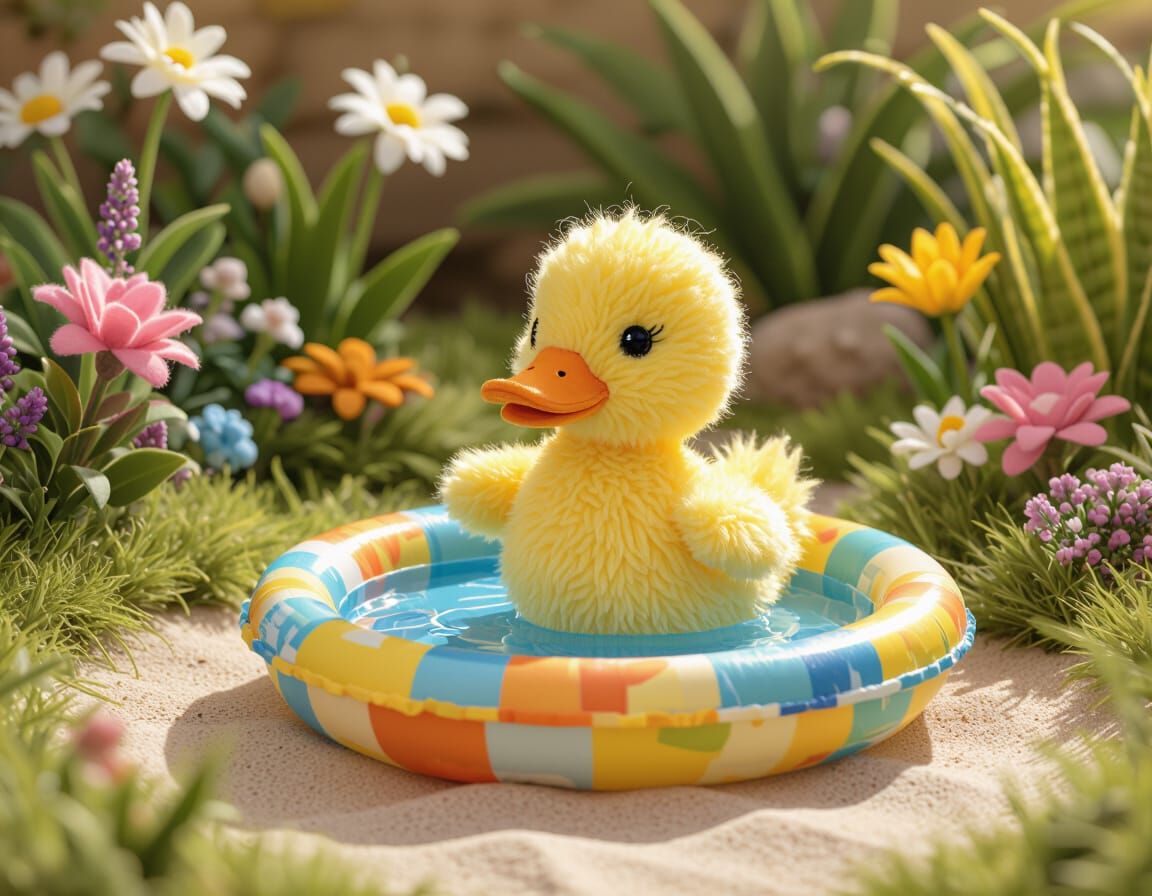 Furry Plush Duckling in Felt Scenery