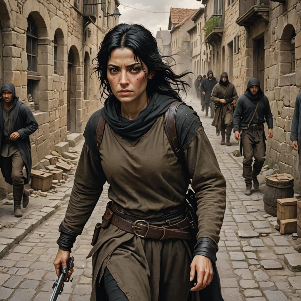 Woman Escapes Robbers in Medieval Scene