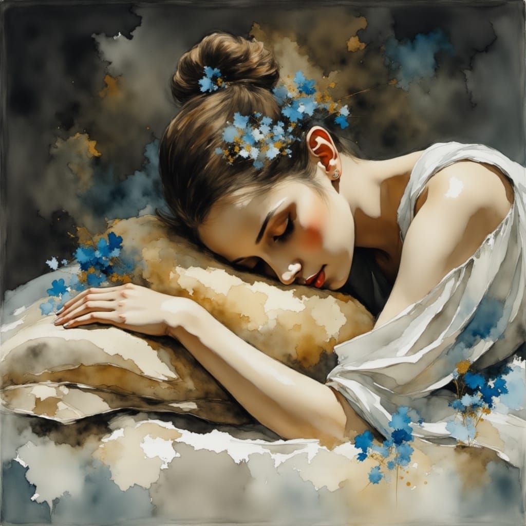 Elegant Lady in White Dress with Blue Flowers