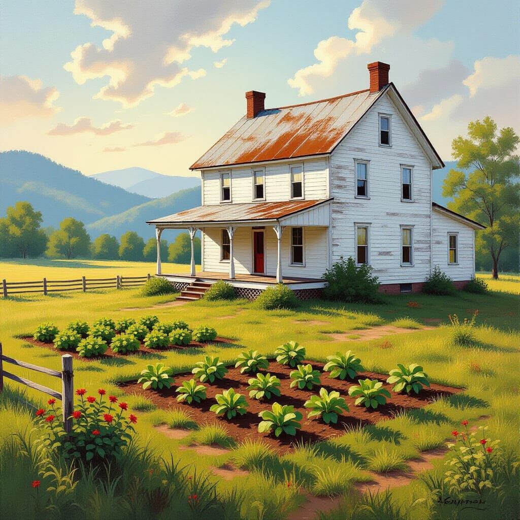 Appalachian Farmhouse Sunrise in Impasto Oil Style