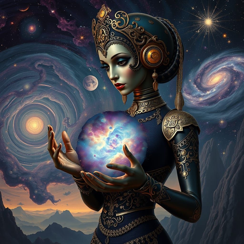 Art Deco Automaton Holding Nebula in Cosmic Galaxy