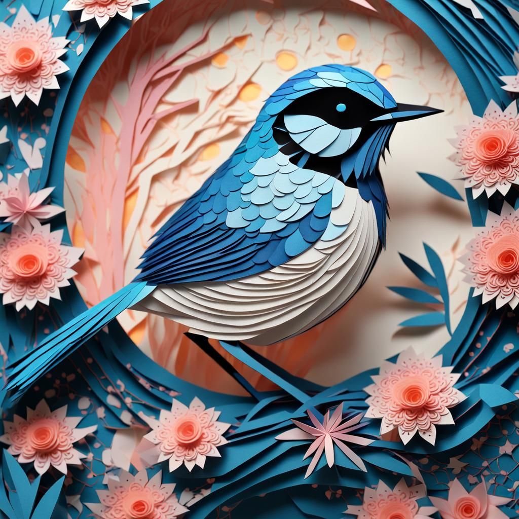 Blue Wren Paper Fractal in Hokusai Style