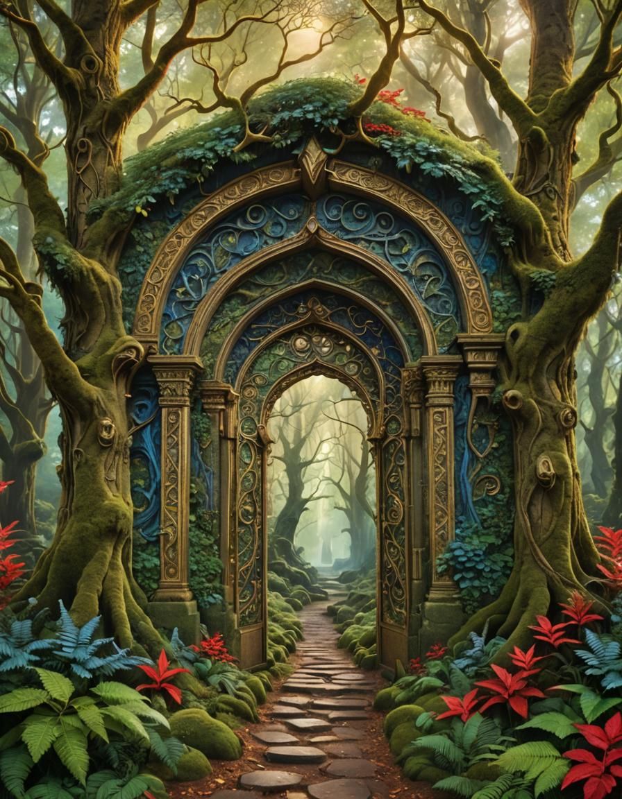 Enchanted Forest Gateway with Mythical Flowers