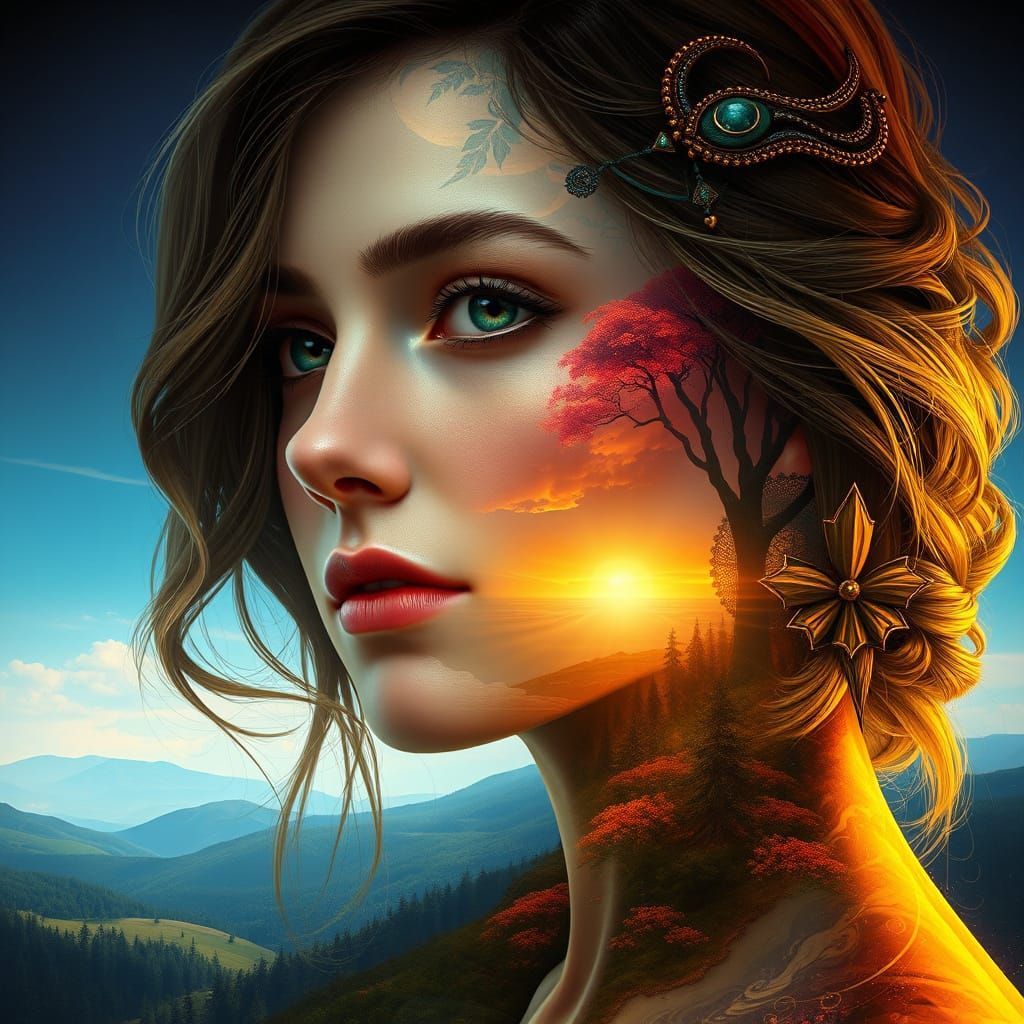 “ Woman's face seamlessly blended with a landscape “ (LEO-FlowState-1.5 UpScale 4:5)