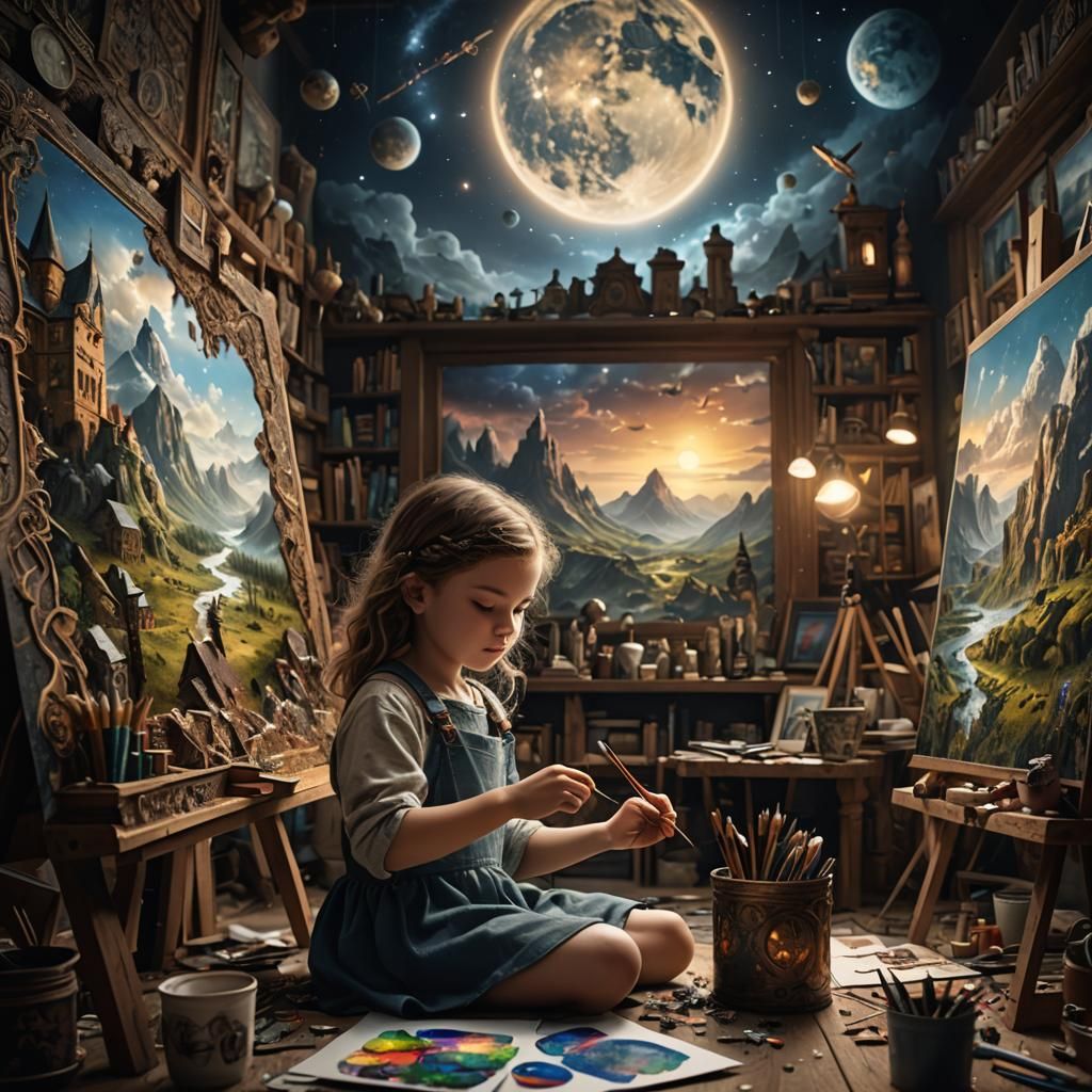 Child Artist Creating Masterpiece: Digital Matte Painting