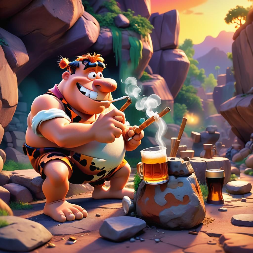 Fred Flintstone Smoking Weed, Pixar-Style Digital Art