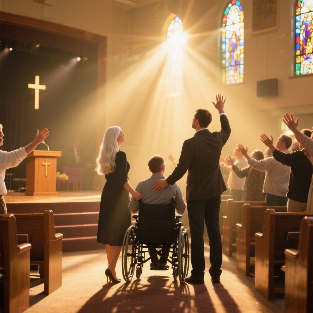 Pastor's Blessing in Sunlit Church with Congregation