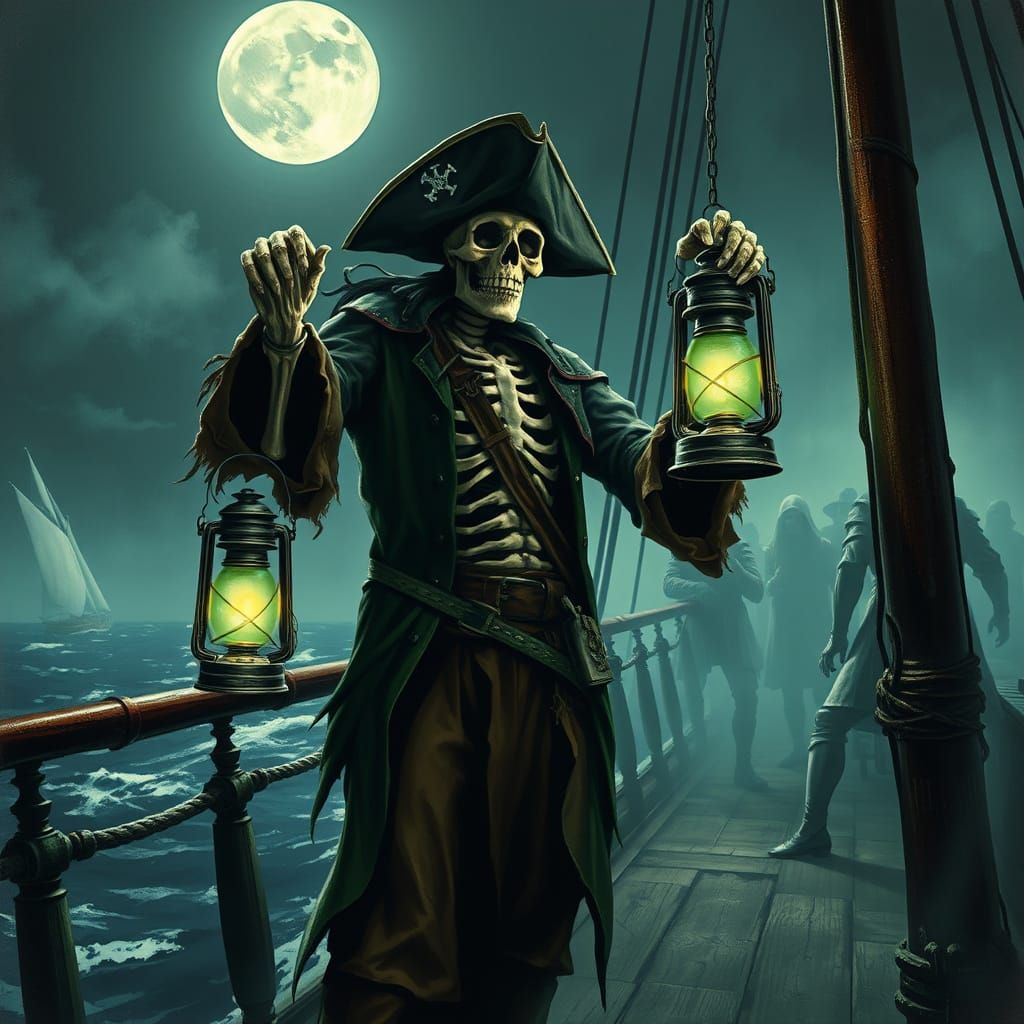 Ghostly Pirate Captain on Haunted Ship Deck