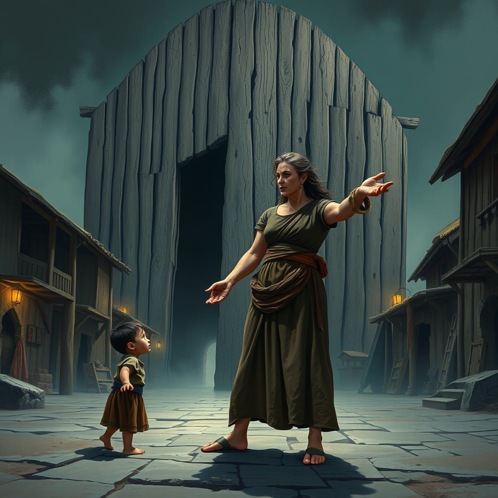 Disgruntled Woman Yells at Cowering Child in Ancient Village