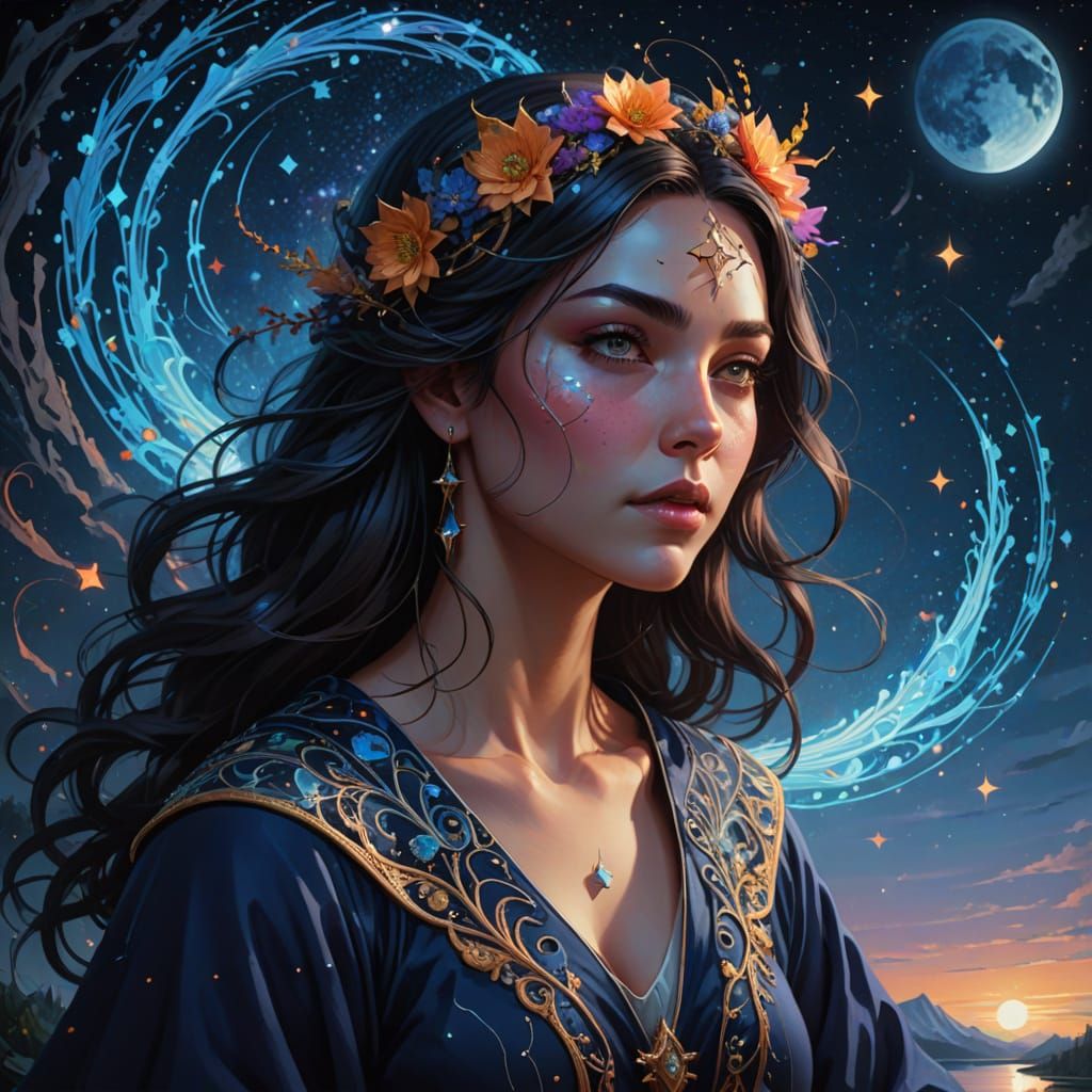 Ethereal Witch Conjures Cosmic Vortex by Moonlit Lake