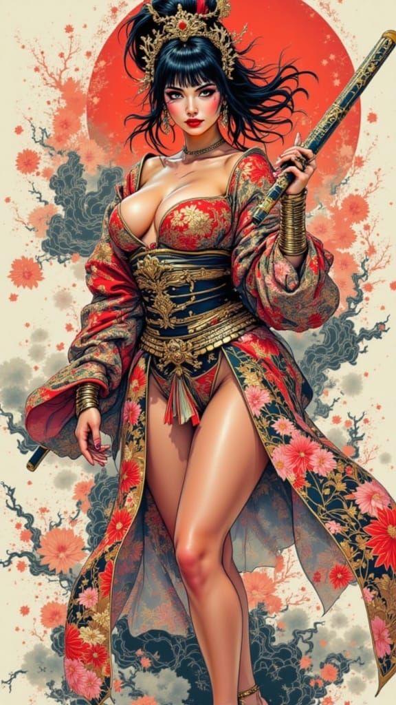 Muscular Geisha Warrior in Traditional Japanese Armor and Si...