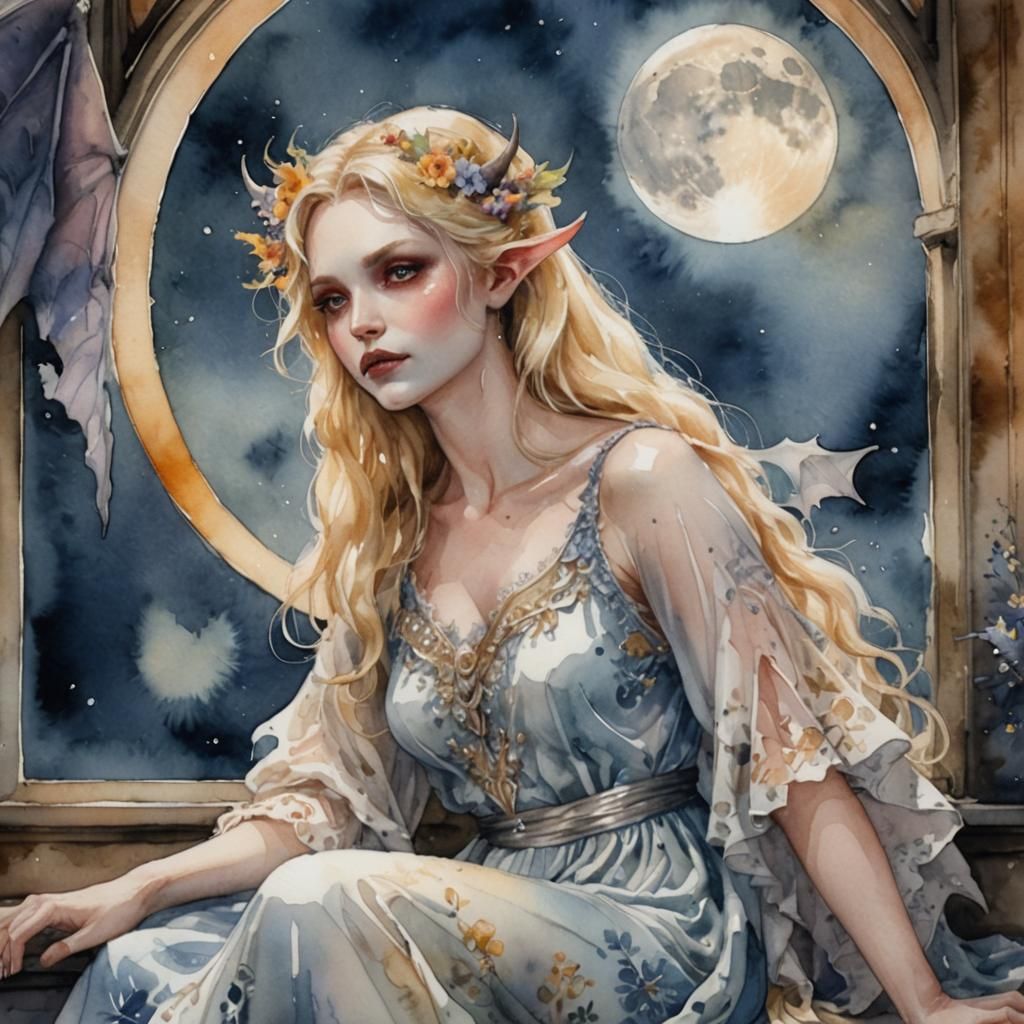 Watercolor Portrait of a Blonde Demoness on Windowsill