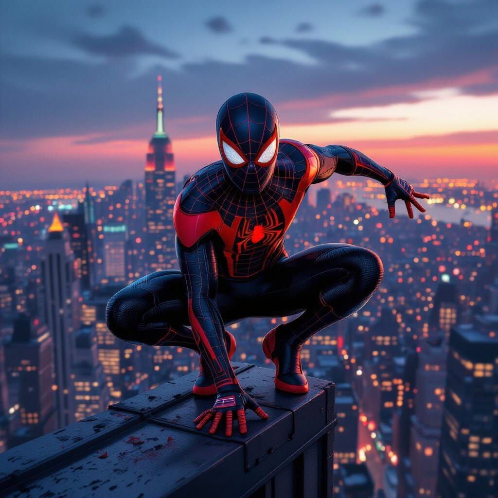 Miles Morales Poses on NYC Rooftop at Dusk