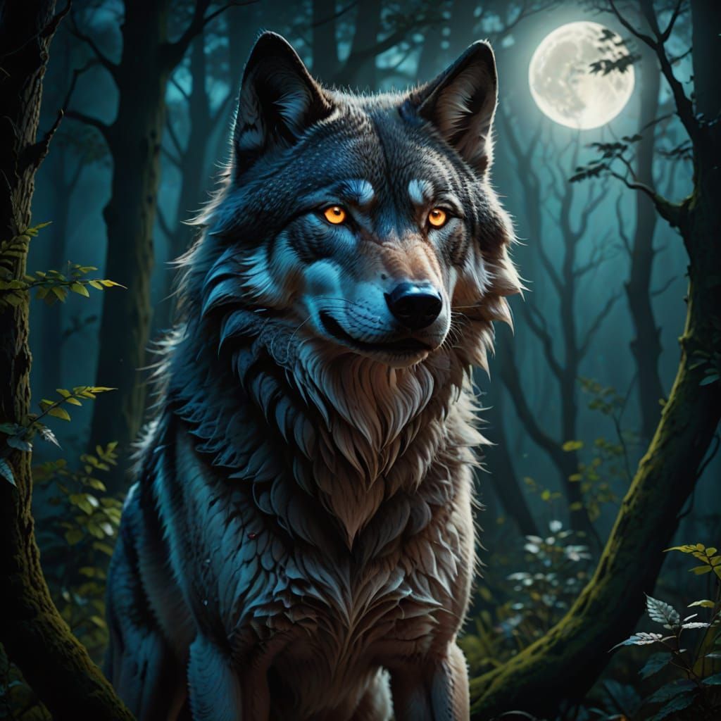 Wolf in Nocturnal Forest Digital Painting