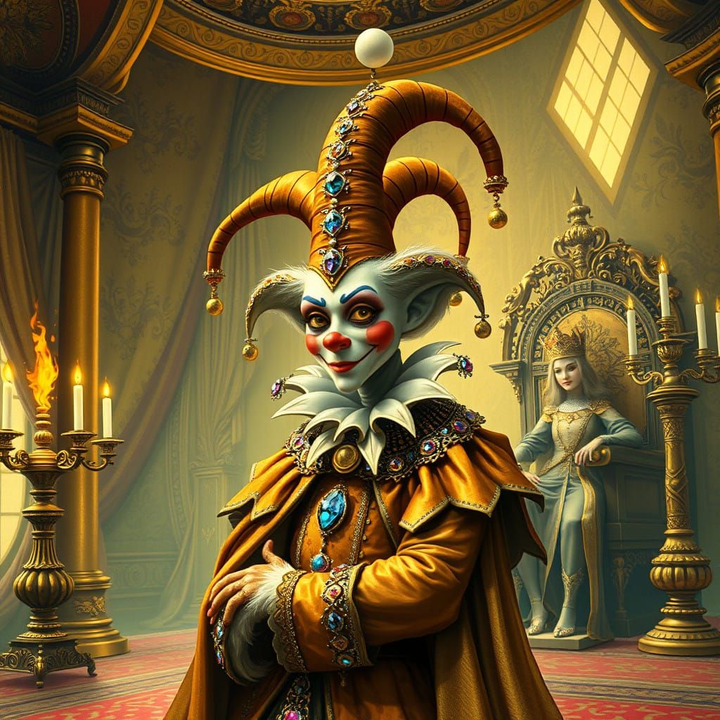 Whimsical Jester in Lavish Throne Room with King and Queen
