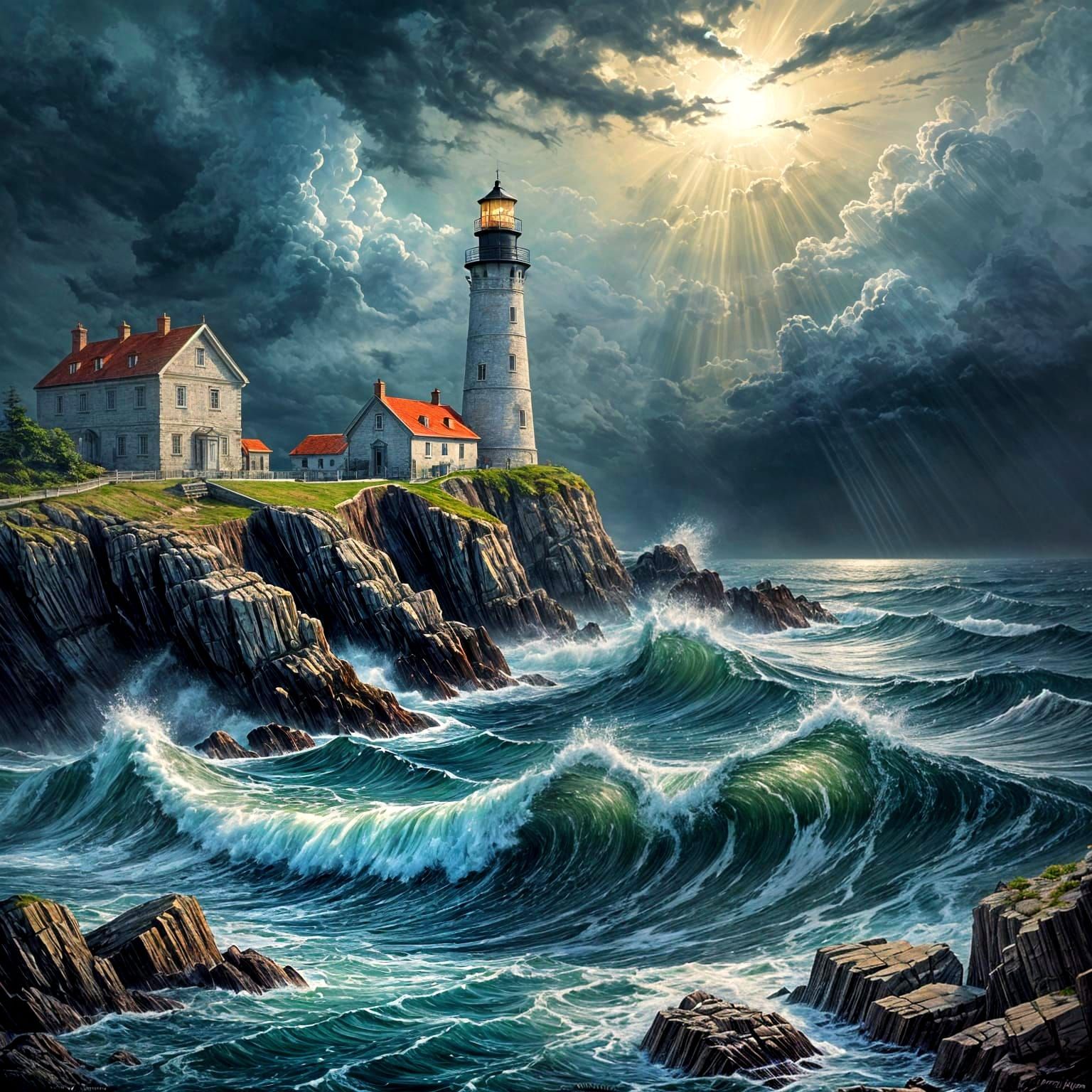 Dramatic Lighthouse in Stormy Seas, Impasto Painting