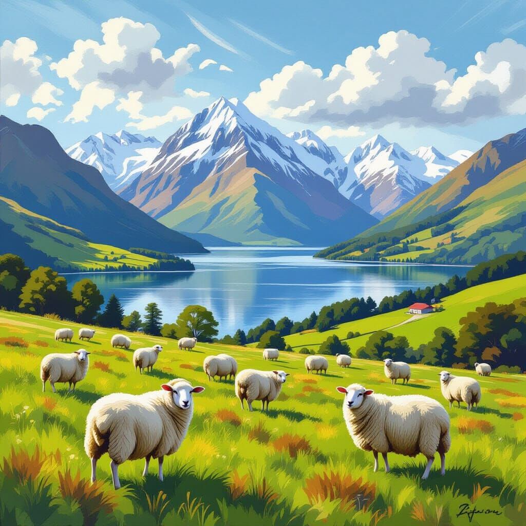 New Zealand South Island Sheep in Romantic Style
