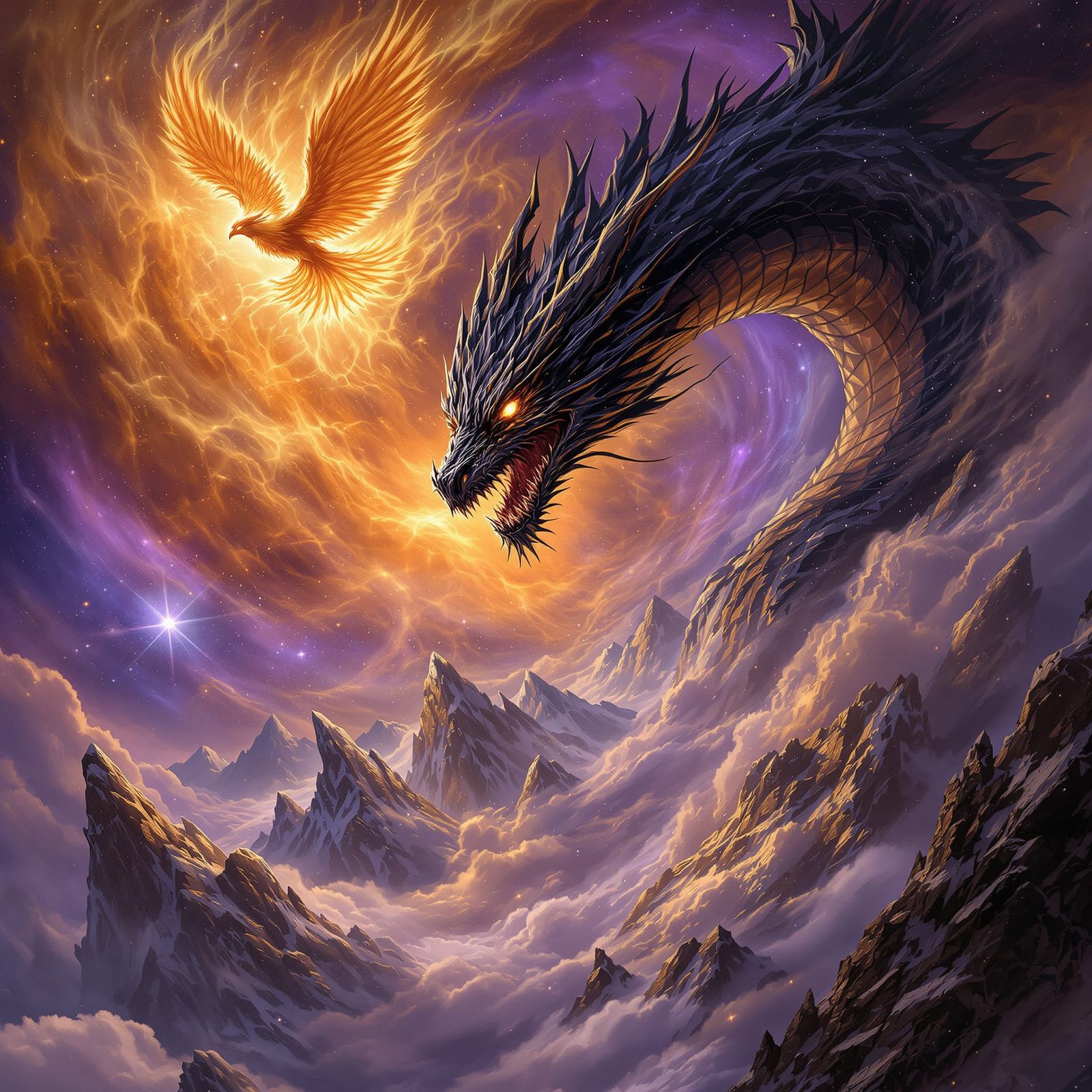 A colossal, obsidian dragon with molten gold eyes, locked in an epic aerial battle with a radiant phoenix above a swirli...