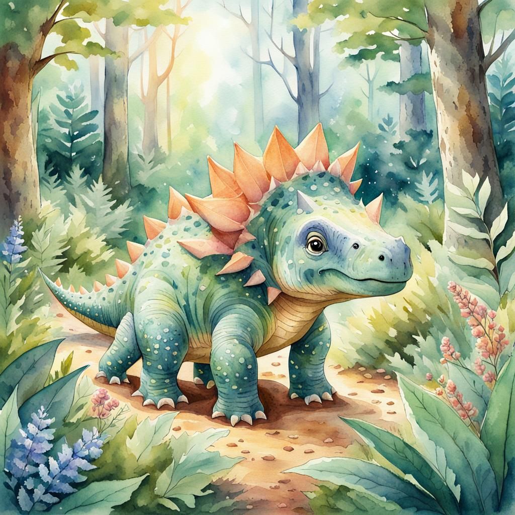 Baby Stegosaurus in Forest, Watercolor Illustration