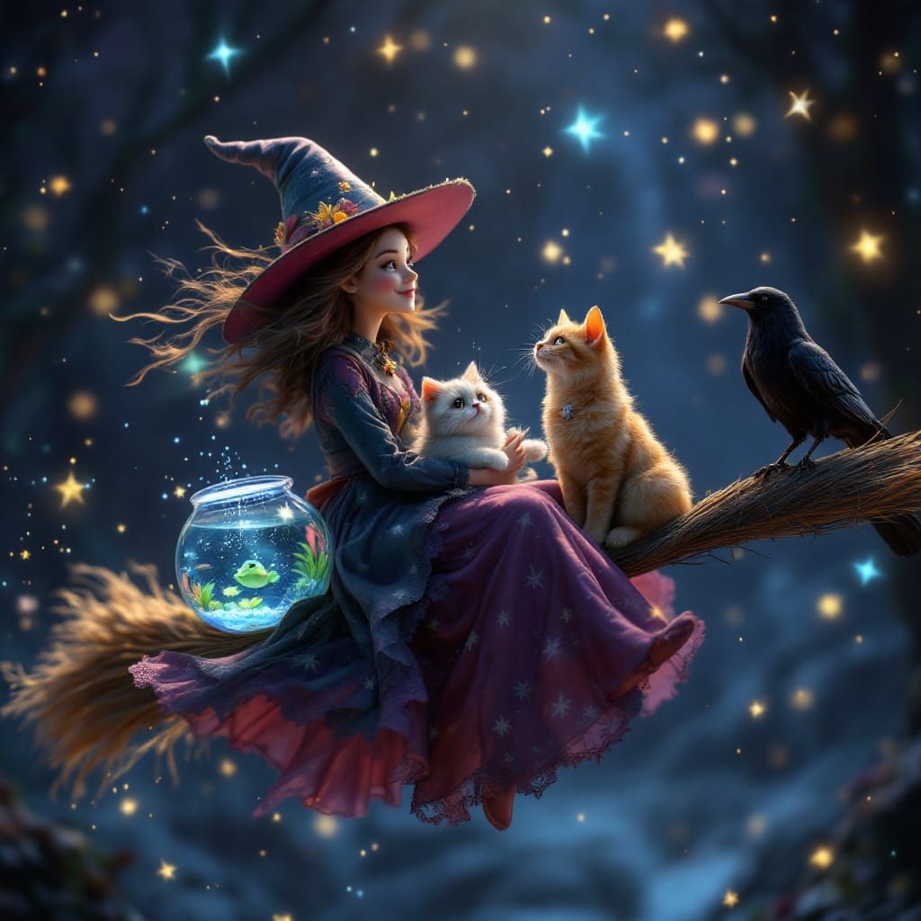 Whimsical Witch on Broomstick with Magical Companions