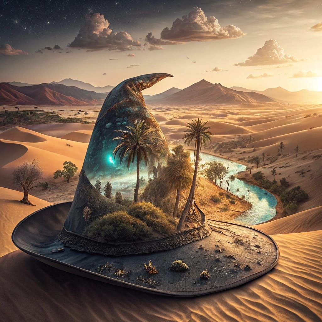 Wizard's Hat Reveals Desert Oasis, Fantasy Art